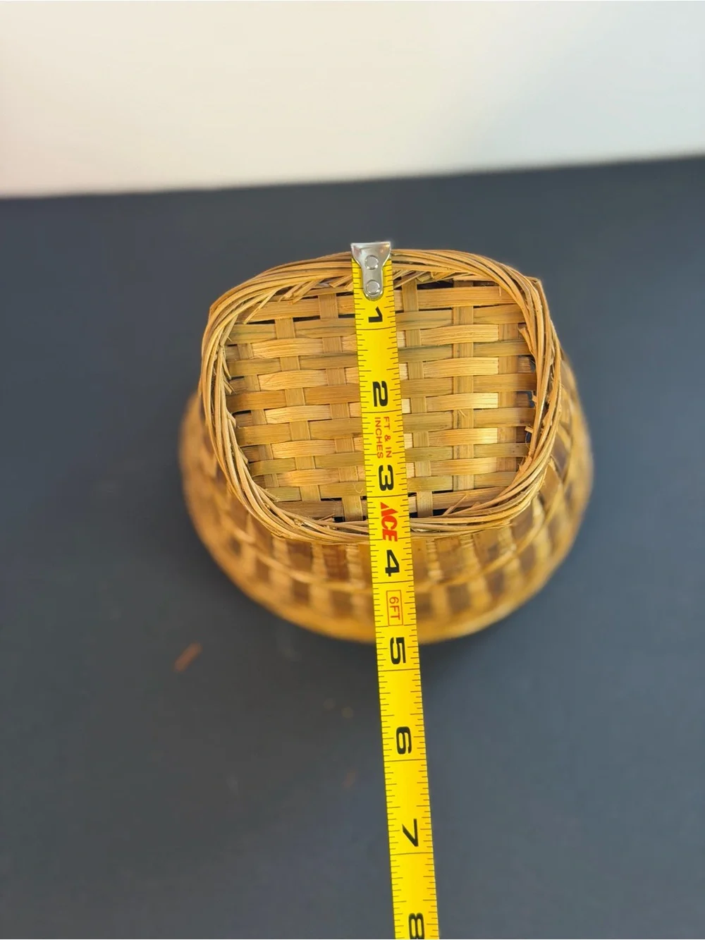 Vintage Hanging Tortoise Shell Woven Bamboo Basket Vintage 10x7in Boho Decor